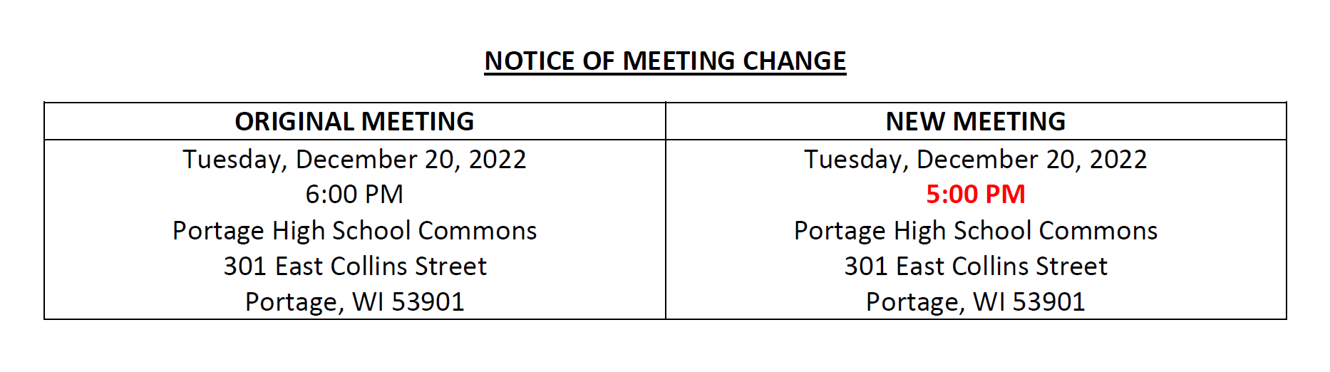 Notice of Meeting Change